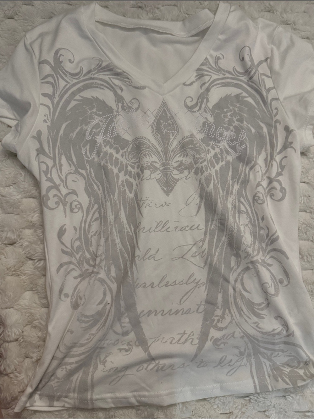 White V-Neck Graphic Tee with Silver Wing Design